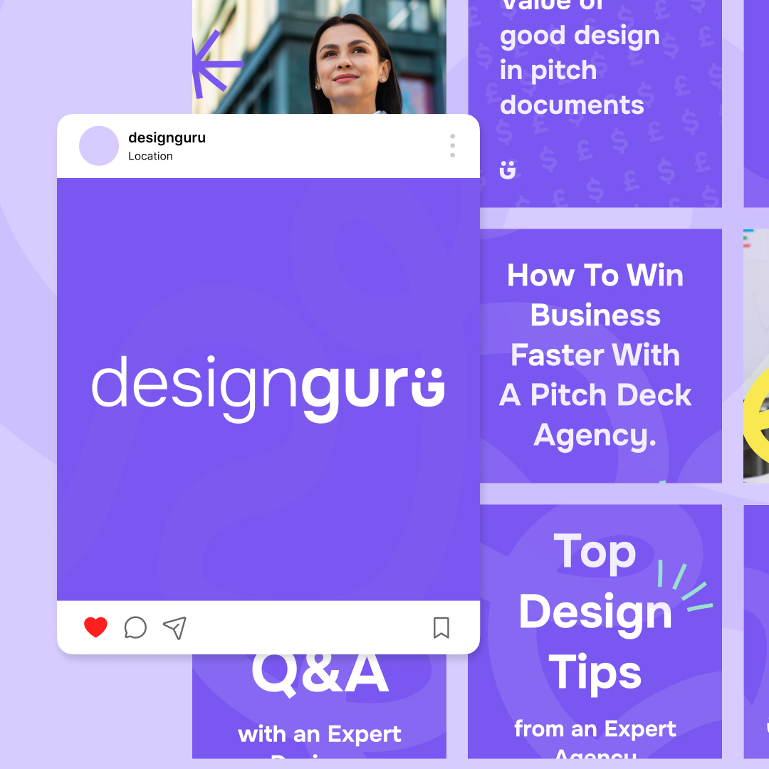 Startups 3 Collage with a purple theme featuring a womans face at the top, an Instagram-style post in the center with designguru text, and sections titled How To Win Business Faster With A Pitch Deck Agency and Top Design Tips from an Expert Agency. Consider design subscription for unlimited graphic design ideas.