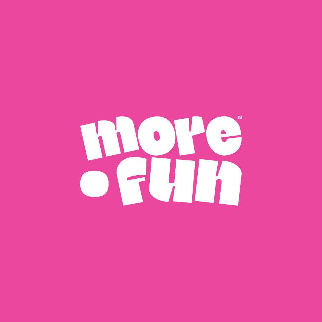 Design As A Subscription 26 White, playful text spelling more fun on a solid pink background, embodying the vibrant spirit of an unlimited graphic design subscription.